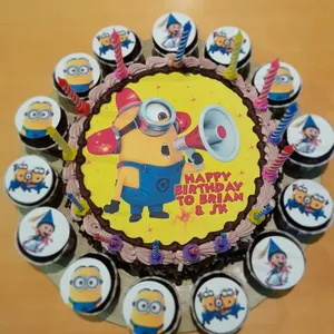 1x Minion Assemble @$78.9 (Size : Deluxe (9 Inch Cake + 14 Cupcakes)) (Eggless? : No) (Big Candles : 8) (Small Candles : 6)