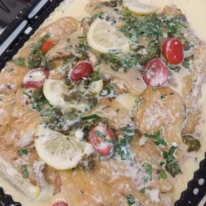 Baked Sutchi with light caper butter sauce
