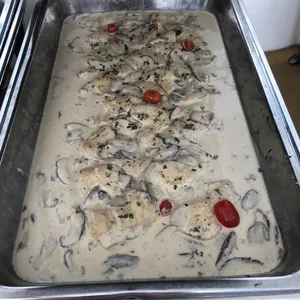 Oven Baked Fish with Button Mushroom Cream Sauce