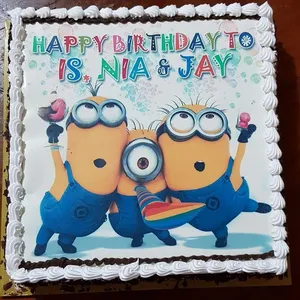 1x MINIONS BIRTHDAY @$58.9 (Size : 12 Inch (29-39 pax)) (Flavours : Blackforest) (Eggless : No) (Big Candles : 4) (Small Candles : 4)
