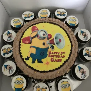 1x Minion Assemble @$78.9 (Size : Deluxe (9 Inch Cake + 14 Cupcakes)) (Eggless? : No) (Big Candles : 5) (Small Candles : 5)
