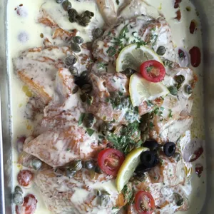 Oven-Baked Sutchi Fillet <i>with caper butter sauce</i>