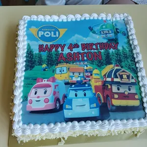 1x Robocar Birthday @$58.9 (Size : 10.5 Inch (20-28 pax)) (Flavours : Vanilla) (Eggless : No) (Big Candles : 4) (Small Candles : 4)