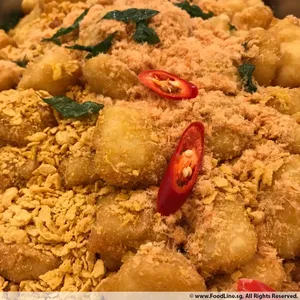 Cornflake-Crusted Fish <i>with curry leaf and chicken floss</i>