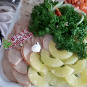 Roasted Turkey Sliced, Honey Baked Chicken Ham, Assorted Sausage, Crab Sticks, Mushroom Stuffing, Garden Green, Roasted Pineapple