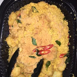 Cornflake-Crusted Fish <i>with curry leaf and chicken floss</i>