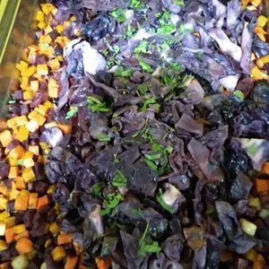 Charred Red Cabbage with Roasted Mixed Greens (V) <i>not as innocent as the name</i>