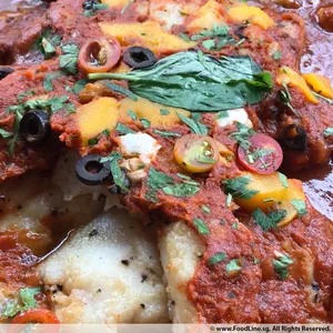 Tomato Basil Dory <i>topped with lychee and peach salsa</i>
