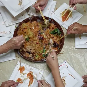 Prosperity Reunion Smoked Salmon Yu Sheng - <i> with kale, cod fish fillet strips and magical
