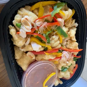 Battered Fish Fillet with Lychee Plum Sauce and Pomelo