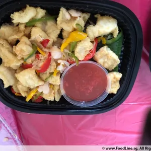 Battered Fish Fillet with Lychee Plum Sauce and Pomelo