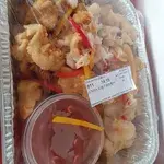 Battered Fish Fillet with Lychee Plum Sauce and Pomelo