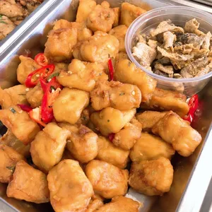 Golden Salted Egg Hoki Fish <i>topped with crispy fish skin</i>