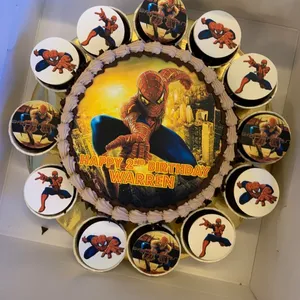 Spiderman Hero (Size: Classic (7 Inch Cake + 12 Cupcakes)) (Eggless?: Yes) (Big Candles: 2) (Small Candles: 2)