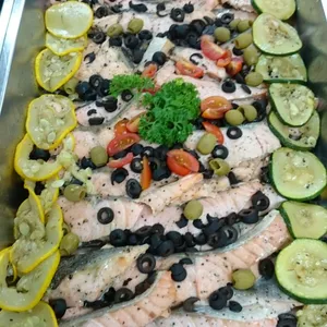 Slow Baked Salmon Fillet with Zucchini & Olives