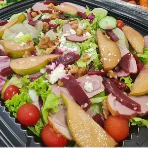 Tea Smoked Duck Salad with Hibiscus Poached Pear, Feta & Caramelised Walnut