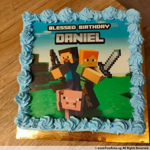 TPC17 Minecraft Warrior (Size: 7 Inch) (Eggless: No) (Base Color: Blue) (Flavour: Chocolate) (Big candles: 1) (Small candles: 1) (Message on Complimentary Gift Card: No) (Message On Cake: (Short & Sweet): Yes (do write the message in the ordering form, under comments box))