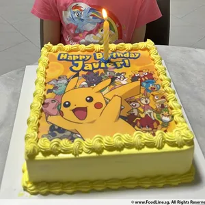 TPC18 Pokkemon Love (Size: 7 Inch) (Eggless: No) (Base Color: Yellow) (Flavour: Strawberry) (Big candles: 4) (Small candles: 4) (Message on Complimentary Gift Card: No) (Message On Cake: (Short & Sweet): Yes (do write the message in the ordering form, under comments box))