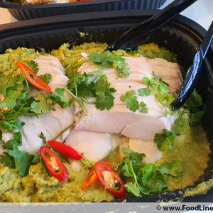Neo-Hainanese Chicken Breast<br>Sous vide chicken breast, ginger scallion puree, red cut chilies and cilantro<br>Contains allium and soy