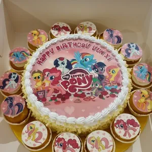 TCB11 Pony Adventure (Size: Deluce (9" Cake + 14 Cupcakes)) (Eggless: No) (Flavour: Vanilla) (Big candles: 2) (Small candles: None) (Message on Complimentary Gift Card: No) (Message On Cake: (Short & Sweet): Yes (do write the message in the ordering form, under comments box))