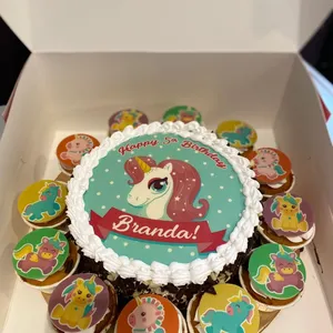 TCB05 Pinky Unicorn Bundle (Size: Classic (7" Cake + 12 Cupcakes)) (Eggless: No) (Flavour: Vanilla) (Big candles: 5) (Small candles: 1) (Message on Complimentary Gift Card: No) (Message On Cake: (Short & Sweet): Yes (do write the message in the ordering form, under comments box))