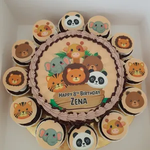 TCB04 Chibi Safari Bundle (Size: Classic (7" Cake + 12 Cupcakes)) (Eggless: No) (Flavour: Chocolate) (Big candles: 8) (Small candles: 8) (Message on Complimentary Gift Card: No) (Message On Cake: (Short & Sweet): Yes (do write the message in the ordering form, under comments box))