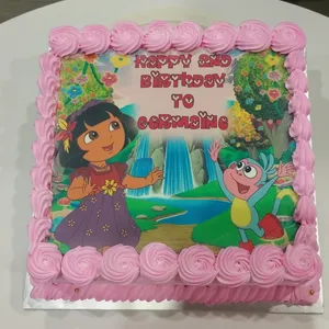 1x DORA AND FRIENDS SQUARE @$58.9 (Size : 9 Inch (12-18 pax)) (Flavours : Vanilla) (Eggless : No) (Big Candles : 2) (Small Candles : 2)