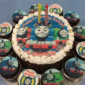 1x Thomas Party @$78.9 (Size : Classic (7 Inch Cake + 12 Cupcakes)) (Eggless?: No) (Big Candles : 2) (Small Candles : 9)
