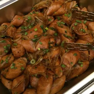 Grilled Chicken Bratwurst Sausages with Caramelized Onions