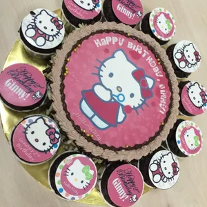 1x Kitty Birthday Bundle @$78.9 (Size : Classic (7 Inch Cake + 12 Cupcakes)) (Eggless?: No) (Big Candles : 2) (Small Candles : 2)