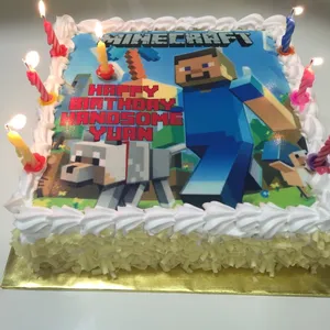 1x MINECRAFT BIRTHDAY @$58.9 (Size : 9 Inch (12-18 pax)) (Flavours : Strawberry) (Eggless : No) (Big Candles : 7) (Small Candles : 7)