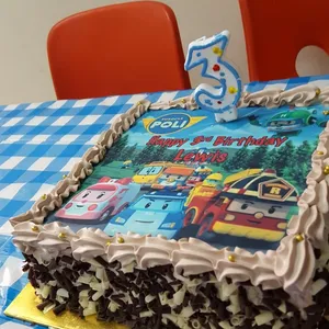 1x Robocar Birthday @$58.9 (Size : 9 Inch (12-18 pax)) (Flavours : Chocolate) (Eggless : No) (Big Candles : 1) (Small Candles : 3)