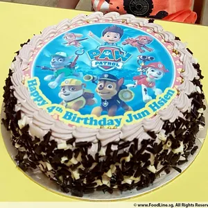 1x PAW TEAM BIRTHDAY @$58.9 (Size : 9 Inch (12-18 pax)) (Flavours : Chocolate) (Eggless : Yes) (Big Candles : 1) (Small Candles : 4)