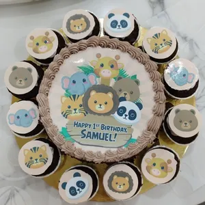 TCB04 Chibi Safari Bundle (Size: Classic (7" Cake + 12 Cupcakes)) (Eggless: No) (Flavour: Chocolate) (Big candles: 1) (Small candles: None) (Message on Complimentary Gift Card: No) (Message On Cake: (Short & Sweet): Yes (do write the message in the ordering form, under comments box))