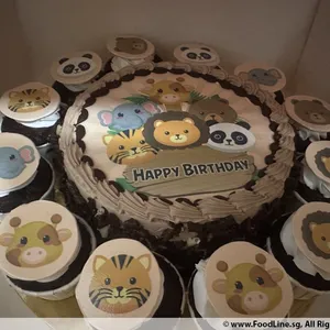 TCB04 Chibi Safari Bundle (Size: Classic (7" Cake + 12 Cupcakes)) (Eggless: No) (Flavour: Chocolate) (Big candles: 3) (Small candles: None) (Message on Complimentary Gift Card: No) (Message On Cake: (Short & Sweet): Yes (do write the message in the ordering form, under comments box))