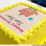 TPC30 Brown Bear Party (Size: 7 Inch) (Eggless: No) (Base Color: Yellow) (Flavour: Vanilla) (Shape: Square) (Big candles: 2) (Small candles: 2) (Message on Complimentary Gift Card: No) (Message On Cake: (Short & Sweet): Yes (do write the message in the ordering form, under comments box))
