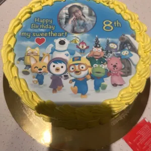 Pocoyo Party (Size: 7 inch) (Flavours: Mixed fruit) (Big candles: 8) (Small candles: 8) (Message on Complimentary Gift Card: No) (Message on Cake (Short & Sweet): Yes (do write the message in the ordering form, under comments box))