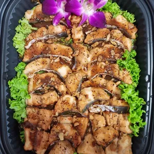 Baked Catch of the day with Black Pepper Sauce and Sprinkled with Crispy Garlic