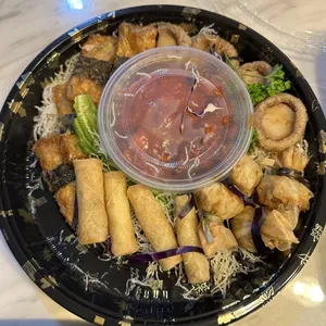 Prosperity Fortune Platter (Scallop Yam Basket, Seasoned Baby Octopus, Spring Roll,  Seaweed Corn Roll,  Golden Money Bag)