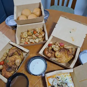 Western Family Set (4 Pax) (Staple: Country Style Soup with Chicken Cubes Serve with Bread Rolls) (Meat: Baked Chicken (4 halves)) (Fish: Baked Fish with Mushroom Cream Sauce) (Side: Sauteed Baby Potatoes) (Dessert: Mango Pudding)