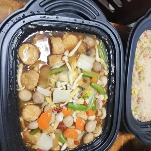 Braised Egg Beancurd and Vegetables in Silky Egg Gravy
