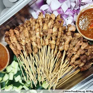 Singapore-Styled Chicken Satay<br>peanut sauce, raw onion, cucumber<br>spicy, contains allium, nuts