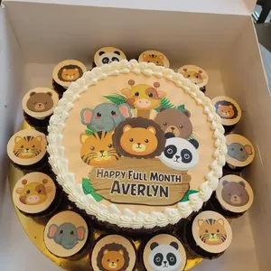 TNB04 Chibi Safari Bundle (Size: Deluce (9" Cake + 14 Cupcakes)) (Eggless: No) (Flavour: Chocolate) (Big candles: 1) (Small candles: 9) (Message on Complimentary Gift Card: Yes (do write the message in the ordering form, under comments box)) (Message On Cake: (Short & Sweet): Yes (do write the message in the ordering form, under comments box))