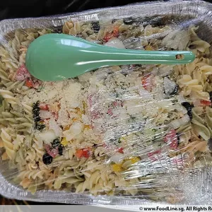 Christmas Cold Pasta Fusilli Salad with Olives, Mix Bell Pepper, Cherry Tomatoes, Chicken Pepperoni, Cheese and Homemade Italian Dressing