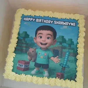 TNP01 Customise Print (Size: 7 Inch) (Big candles: 3) (Small candles: 7) (Message on Complimentary Gift Card: No) (Message On Cake: (Short & Sweet): Yes (do write the message in the ordering form, under comments box)) (Eggless: No) (Base Color: Yellow) (Flavour: Mix Fruits) (Shape: Square)