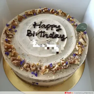 Carrot Walnut (Cake Size: 8" (D) x 3.5" (H) 14-18pax) (Big Candles: 2) (Small Candles: 1) (Plastic Cake Knife?: No) (Message piping on cake (Max. 25 Alphanumeric Characters): Yes (please indicate in the comment box))