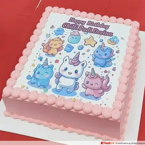 TNP35 Unicorn Celebrations (Size: 9 Inch) (Eggless: No) (Base Color: Pink) (Flavour: Cookies and cream) (Big candles: None) (Small candles: 6) (Message on Complimentary Gift Card: No) (Message On Cake: (Short & Sweet): Yes (do write the message in the ordering form, under comments box))