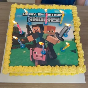TNP17 Minecraft Warrior (Size: 9 Inch) (Eggless: No) (Base Color: Yellow) (Flavour: Blackforest) (Big candles: 1) (Small candles: 8) (Message on Complimentary Gift Card: No) (Message On Cake: (Short & Sweet): Yes (do write the message in the ordering form, under comments box))