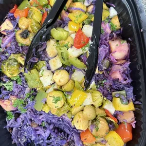 Winter Cabbage Garden Roast<br>dijon paprika brussels sprout, braised red cabbage and apple, juniper-maple turnip