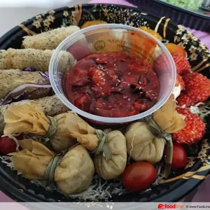Fortune Platter (Golden Scallop, Braised Broccoli W Fortune Bag, Crispy Shrimp Prawn Ball, Vietnam Spring Roll & Baby Octopus) 金带子, 好运福袋烩西兰花, 鸿运荔枝虾球, 越南春卷, 小八爪鱼